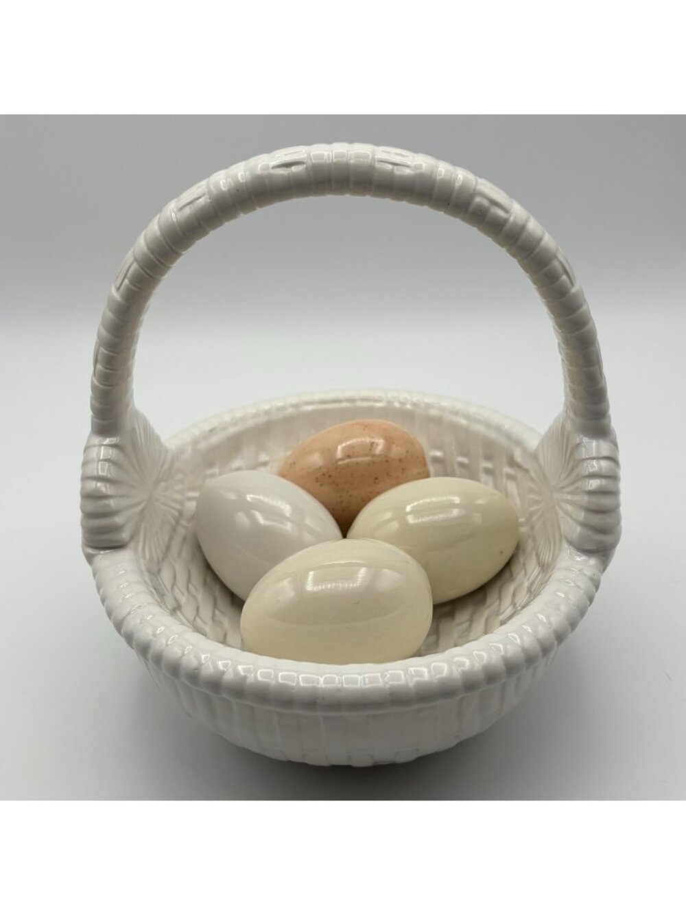 Ceramic Wicker Basket with 4 Glossy Eggs Art Pottery Textured Decorative Easter